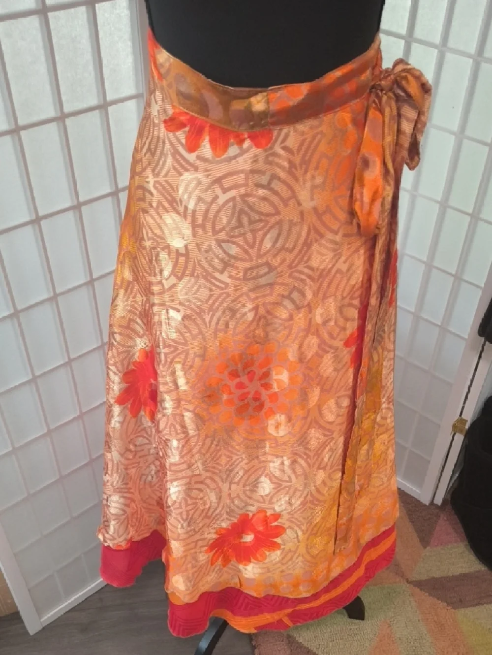 VINTAGE Silk Sari Reversible Wrap Skirt - Red & Orange - Darn Good Yarn - Picture 12 of 17